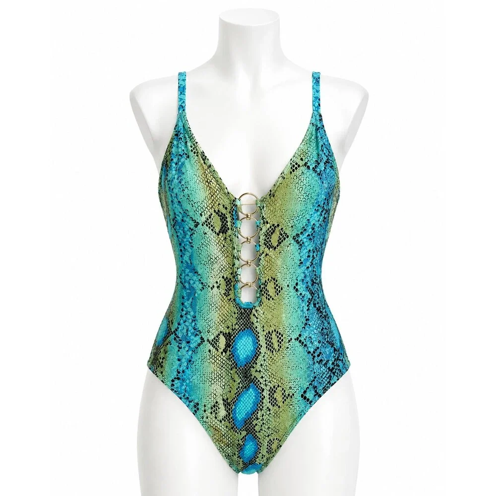 Michael Kors Women’s One Piece Swimsuit Size 10 Blue Green Snake Print